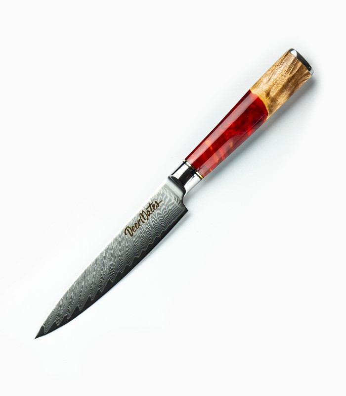 Kuchynský nôž z damaškovej ocele - univerzálny, rukoväť z červenej epoxidovej živice