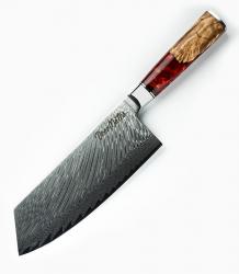 Kuchynský nôž z damaškovej ocele - sekáčik, rukoväť z červenej epoxidovej živice