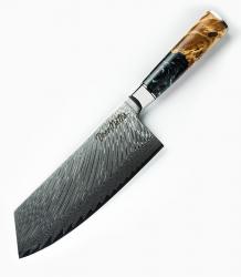Kuchynský nôž z damaškovej ocele - sekáčik, rukoväť z tmavej epoxidovej živice