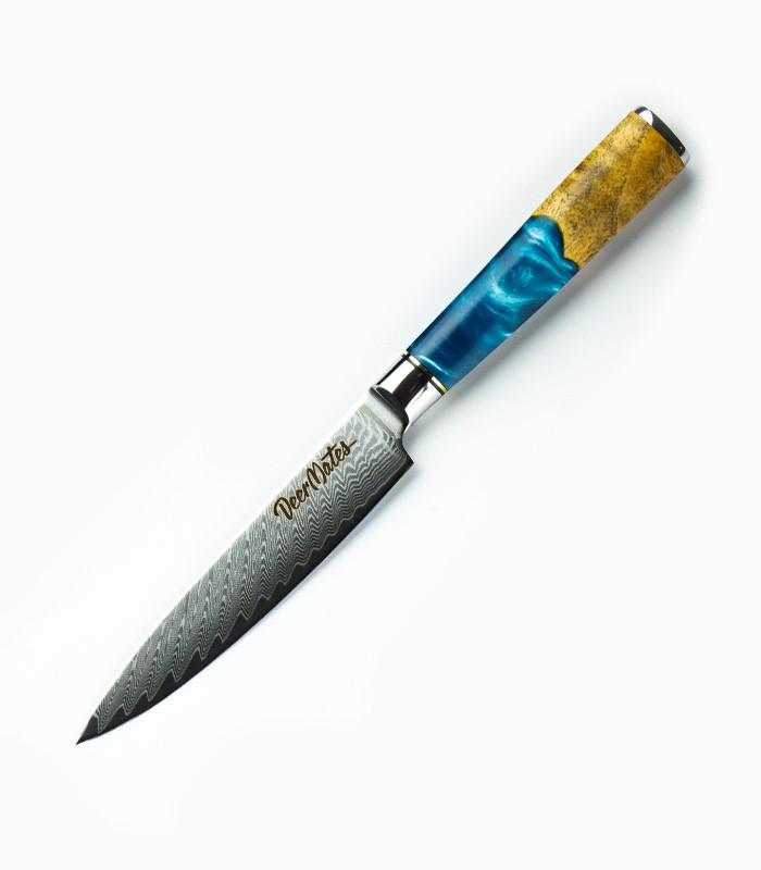 Kuchynský nôž z damaškovej ocele - univerzálny, rukoväť z modrej epoxidovej živice