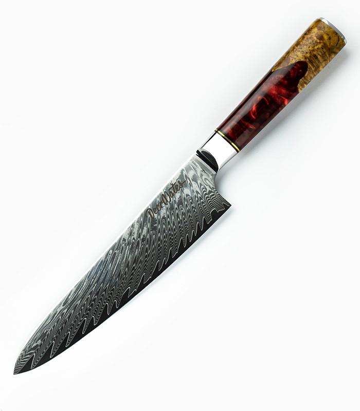 Kuchynský nôž z damaškovej ocele - kuchársky, rukoväť z červenej epoxidovej živice