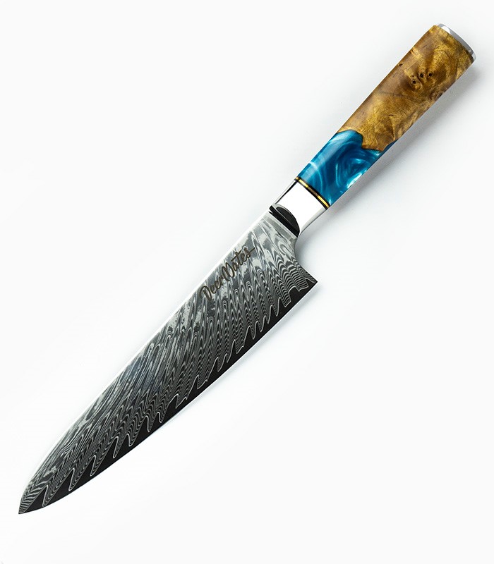 Kuchynský nôž z damaškovej ocele - kuchársky, rukoväť z modrej epoxidovej živice