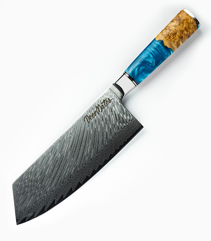 Kuchynský nôž z damaškovej ocele - sekáčik, rukoväť z modrej epoxidovej živice